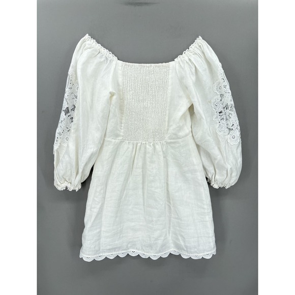 Farm Rio Dress Large White Mini Puff Sleeve Embroidered Linen Cottagecore Boho - Picture 14 of 16